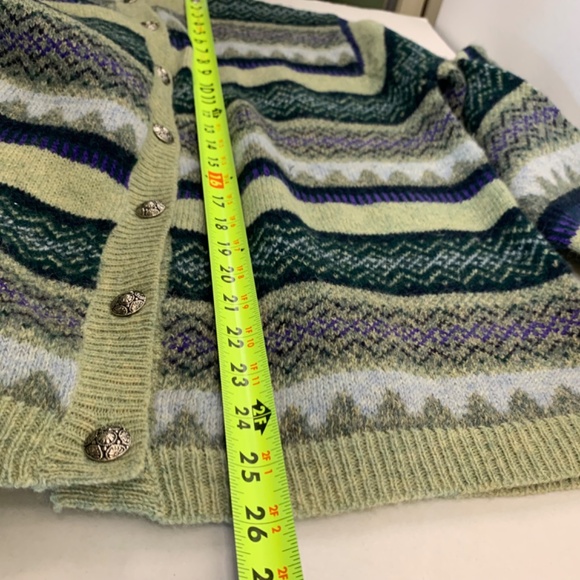 Vintage Green striped Nordic/fair isle wool button up sweater cardigan cabincore - Picture 7 of 9